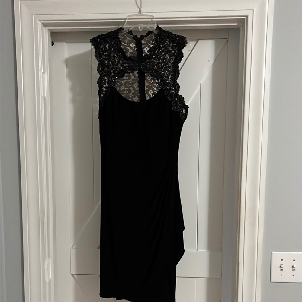 Xscape Black Asymmetrical Halter Sheath Dress